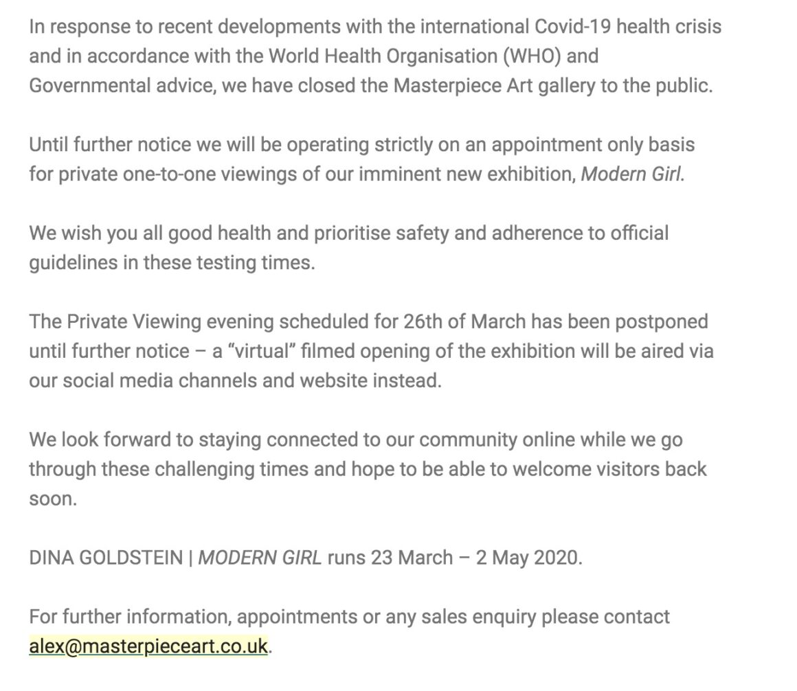Masterpiece gallery Covid-19 notice London Modern Girl