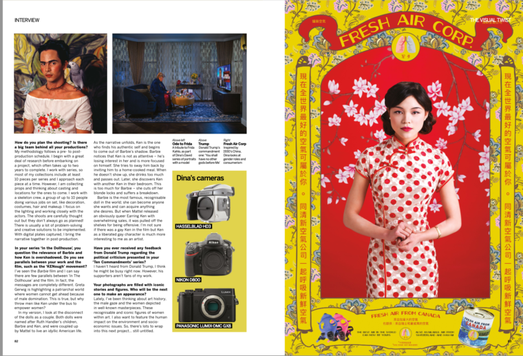 page 2 Article in Digital Photography September 2023 magazine featuring photographer Dina Goldstein in an article The Visual Twist.