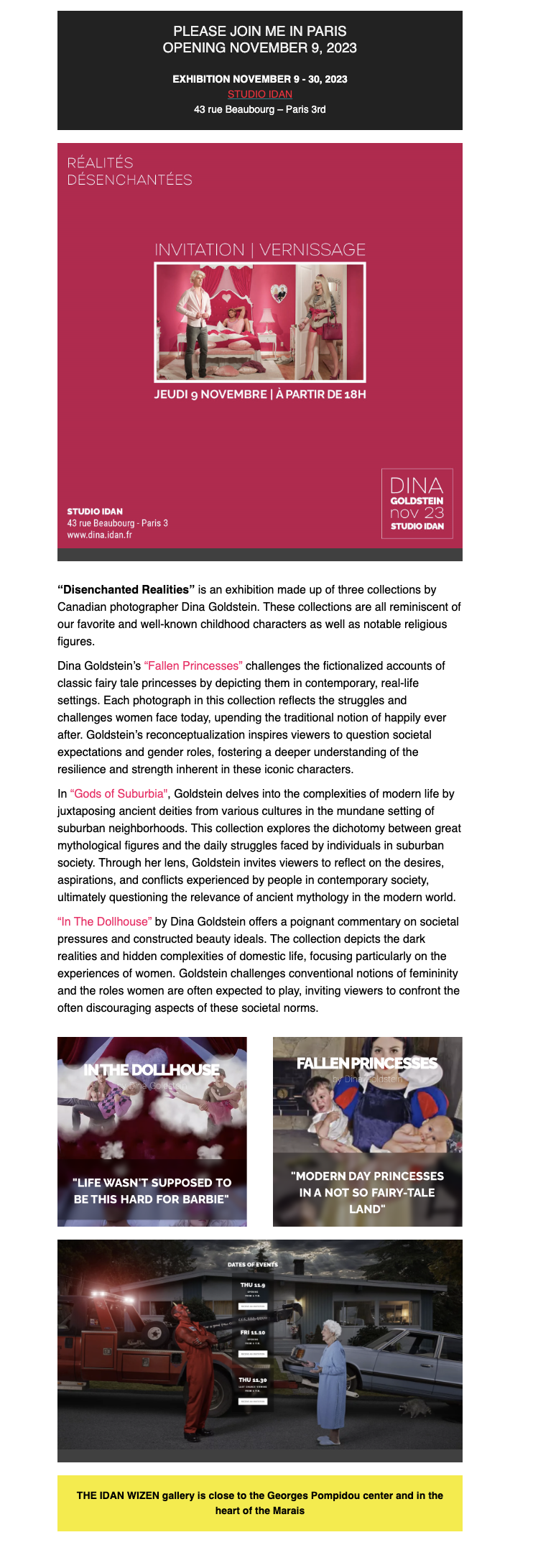 Photographer Dina Goldstein Invitation to exhibition at gallery Idan Witzen Paris November 8 2023